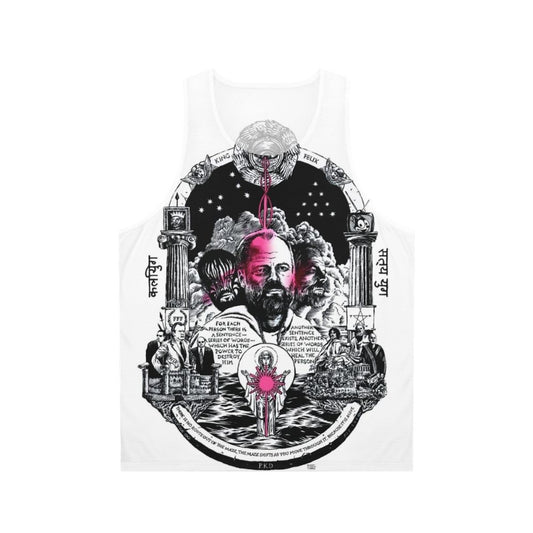 Unisex science fiction tank top featuring monochrome robot design