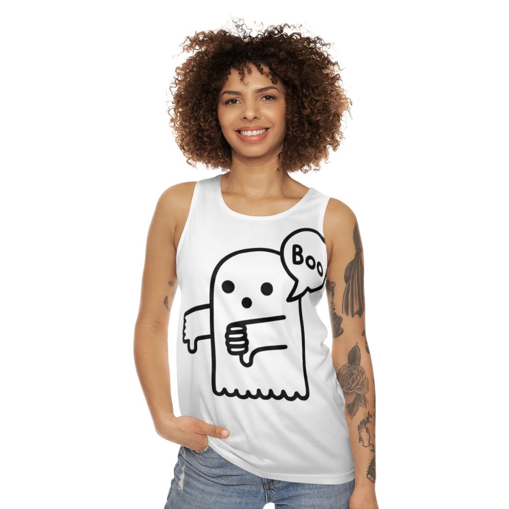 Unisex tank top with ghostly thumbs down design - women