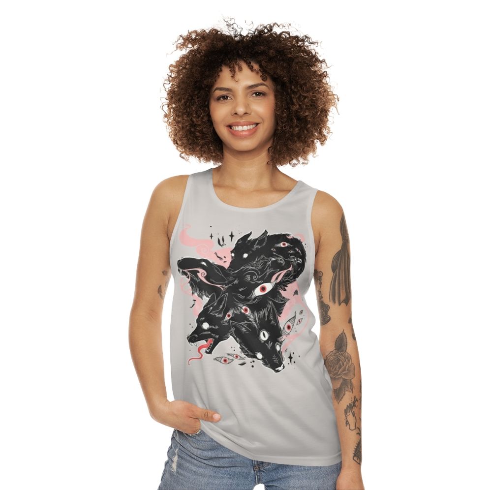 Unisex tank top featuring a design with wild wolves and many creepy eyes - women