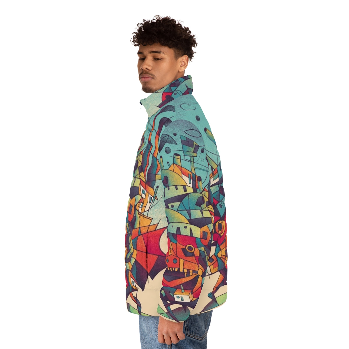 Moving Castle Anime Puffer Jacket featuring cubist and fantasy design - men side left