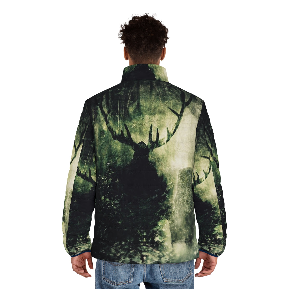 Puffer jacket with Celtic mythological design and nature-inspired elements - men back