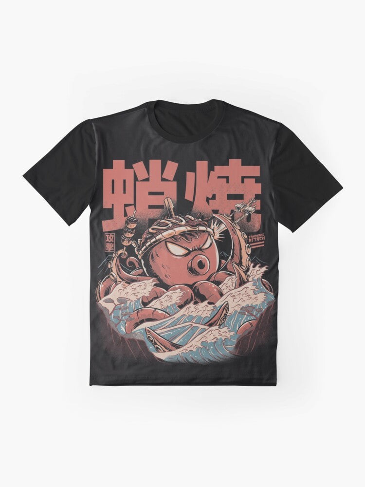 Retro Japanese Takoyaki Kaiju Graphic T-Shirt featuring an angry takoyaki creature in a vintage, ilustrata style. - Flat lay