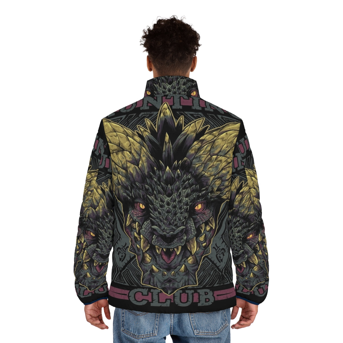 Monster Hunter Nergigante Puffer Jacket featuring the iconic dragon-like Nergigante from the game - men back