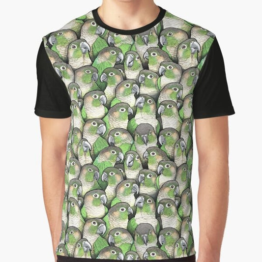 Colorful illustration of a green cheeked conure parrot on a t-shirt