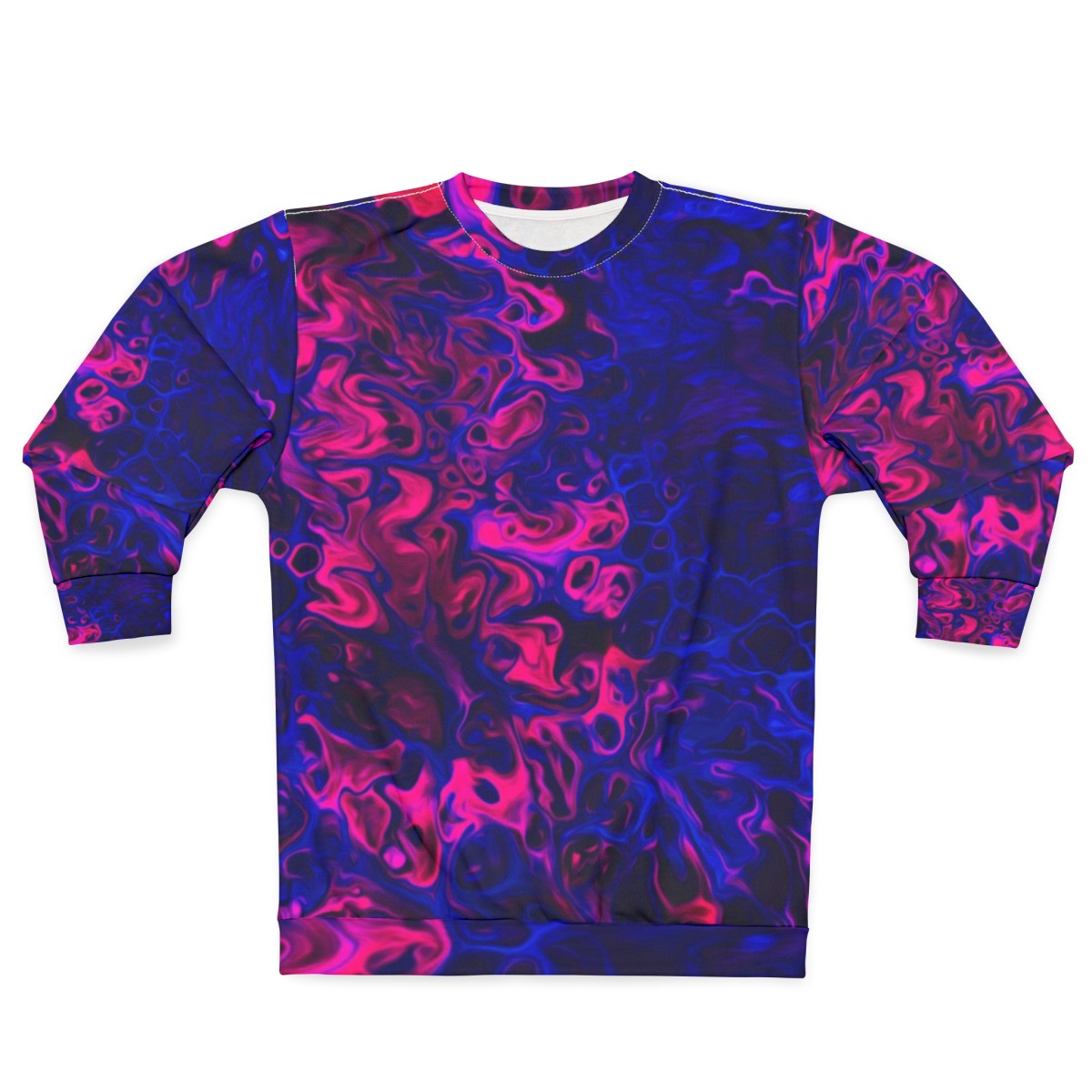 Blacklight poured acrylic sweatshirt with vibrant, energetic abstract pattern