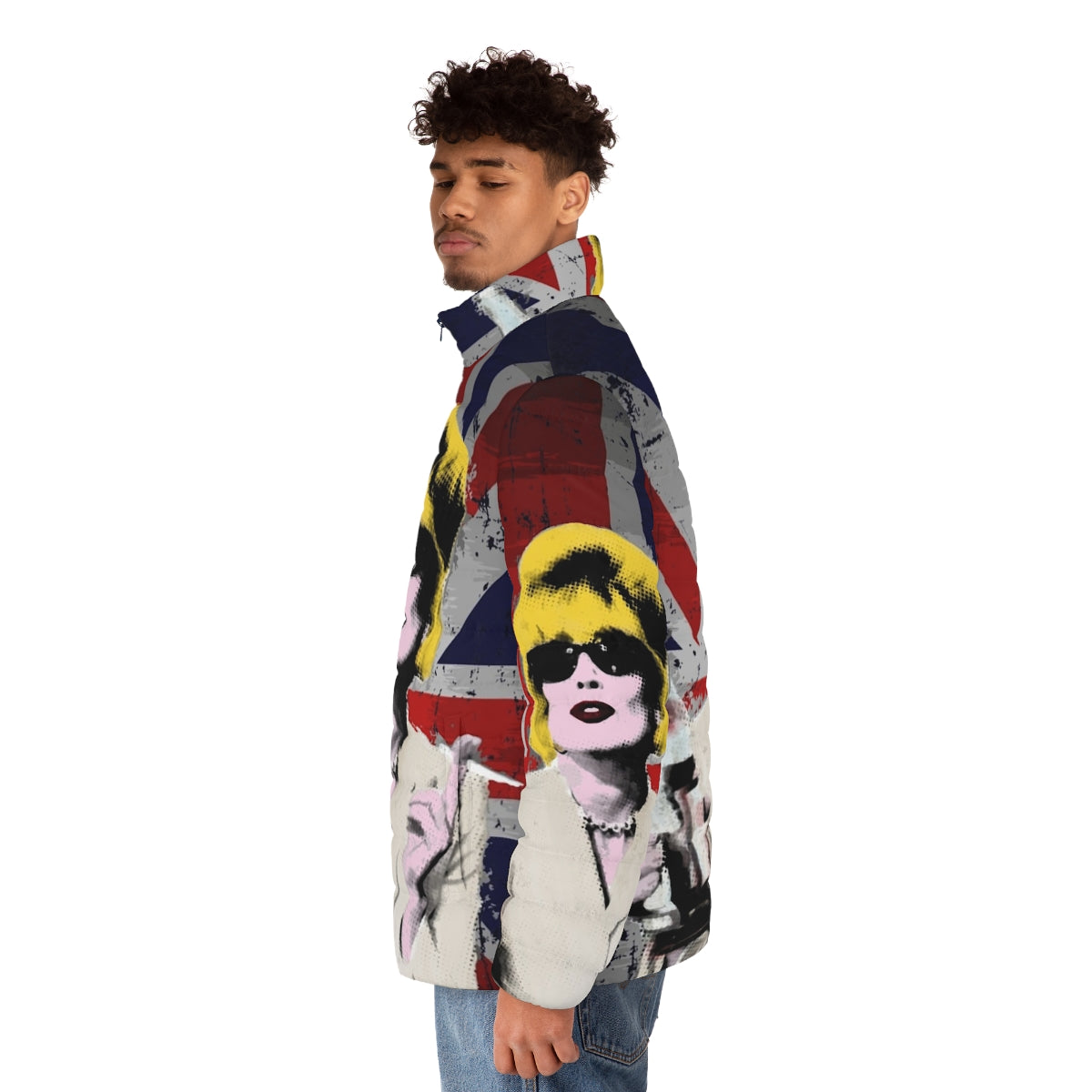 Fabulous pop art inspired puffer jacket in union jack style - men side left