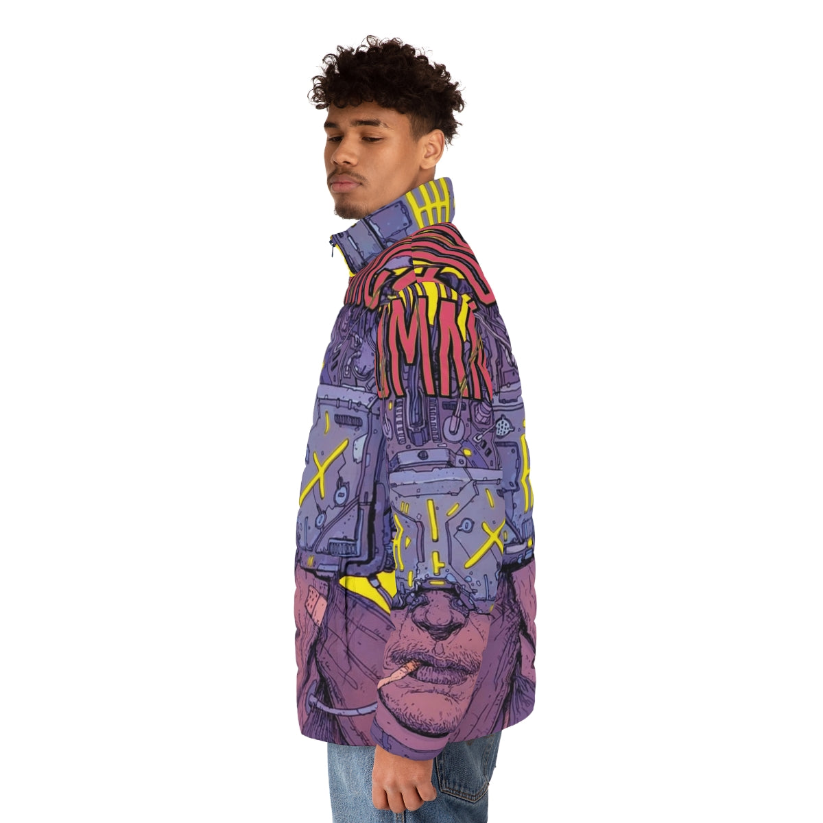 Neuromancer 2020 Puffer Jacket featuring a futuristic, tech-inspired design inspired by the classic science fiction novel - men side left