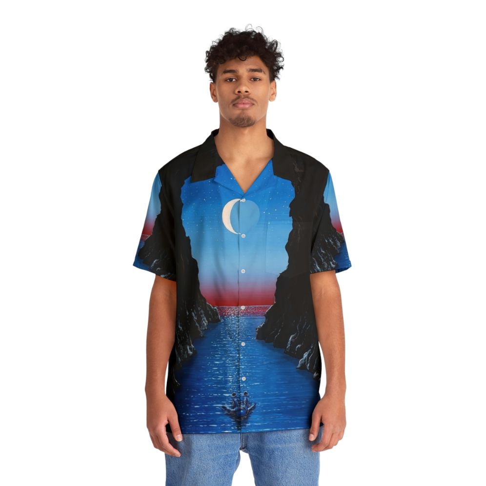 Space themed night drift Hawaiian shirt with astronaut, moon, and water elements - People Front