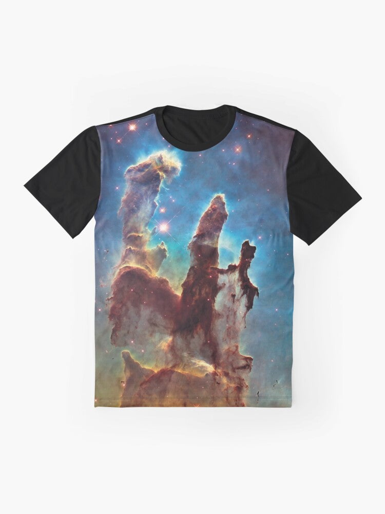 The Pillars of Creation, a famous nebula in the Milky Way galaxy, depicted on a graphic t-shirt. - Flat lay