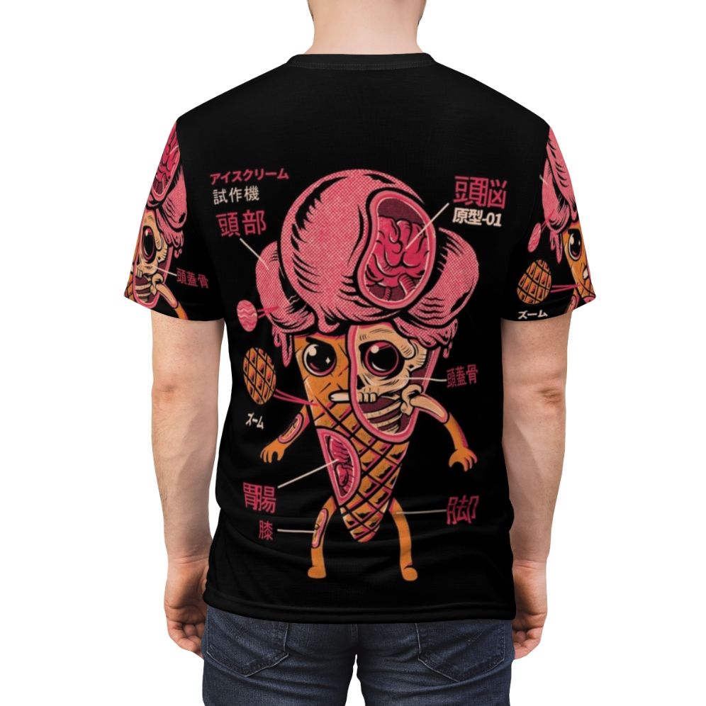 Illustrated image of a cute ice cream kaiju character on a retro-style t-shirt - men back