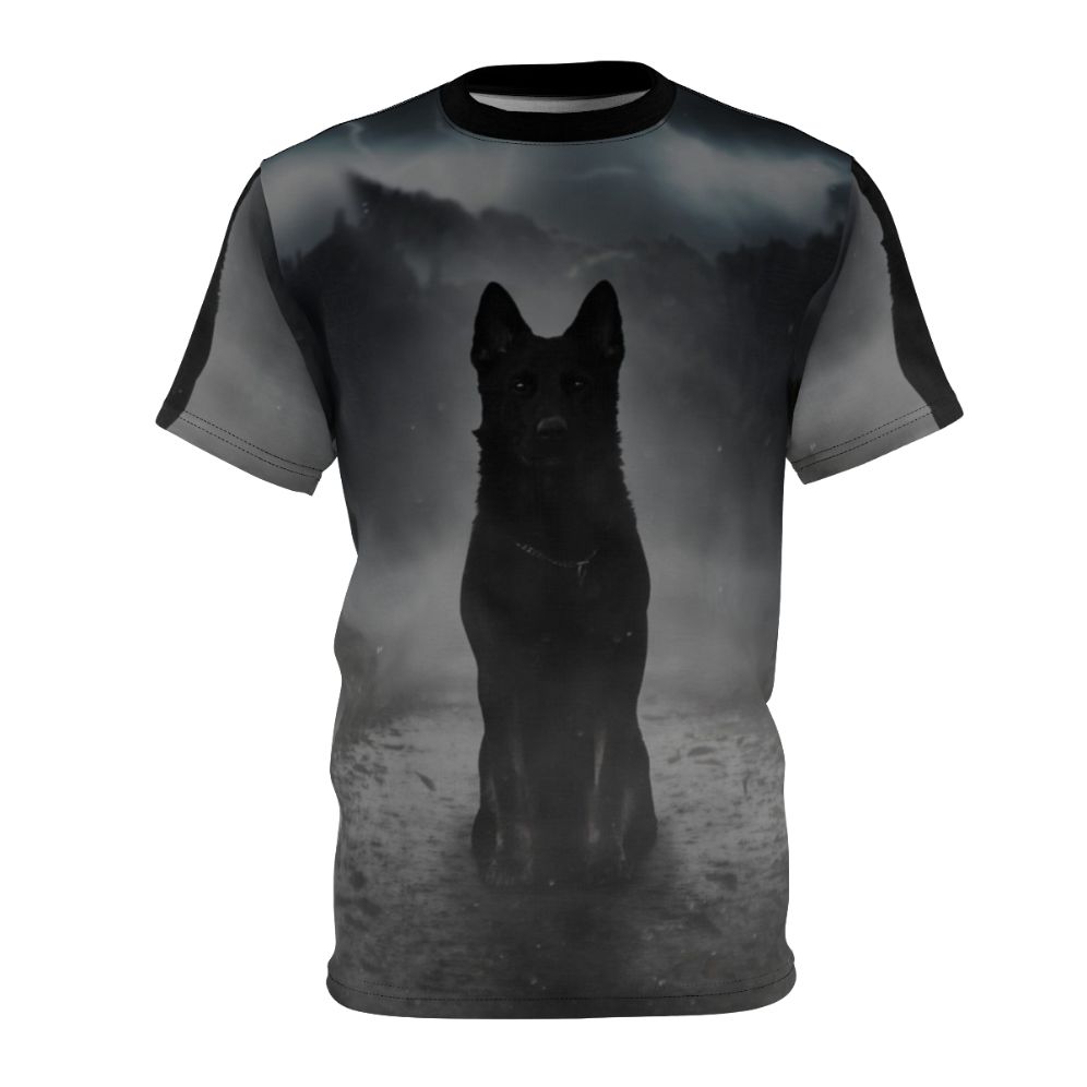 A haunting t-shirt design featuring a black German shepherd silhouette in a misty, foggy night scene.