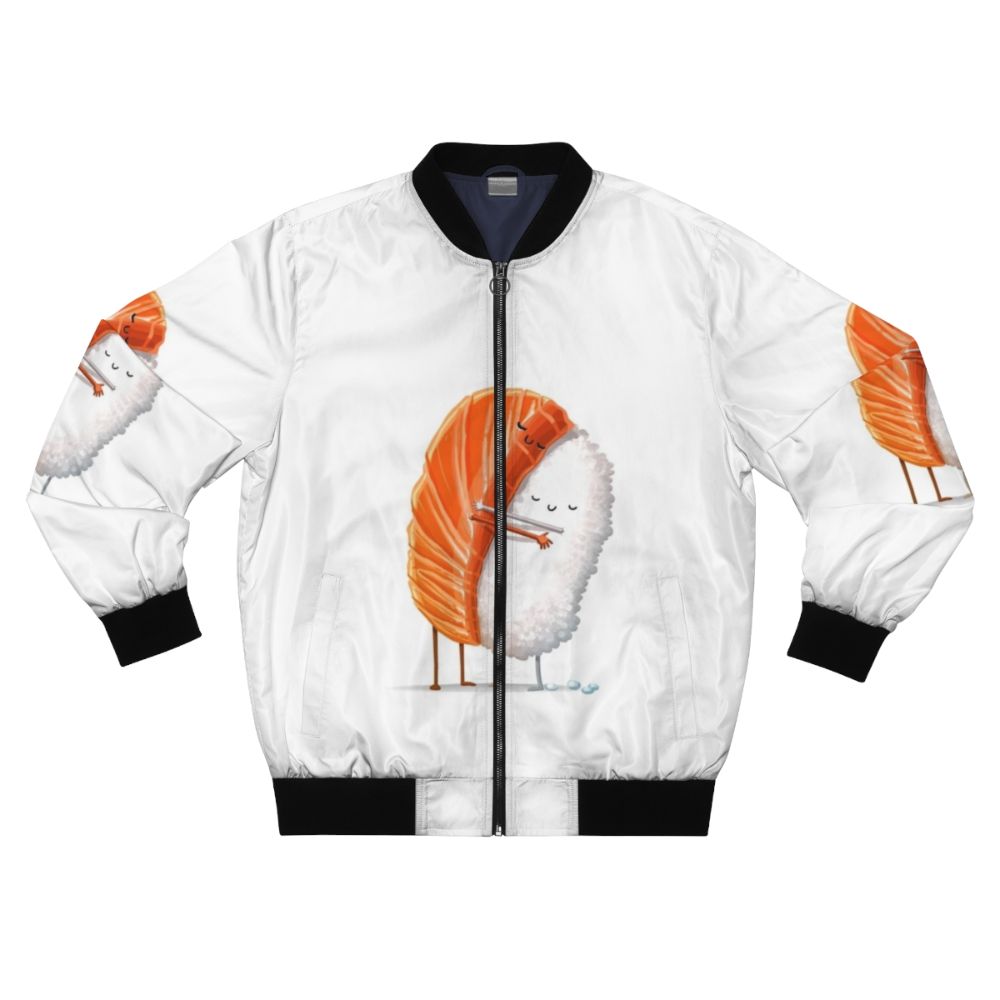 Sushi-themed bomber jacket with a hug design, perfect for Japanese food and anime fans