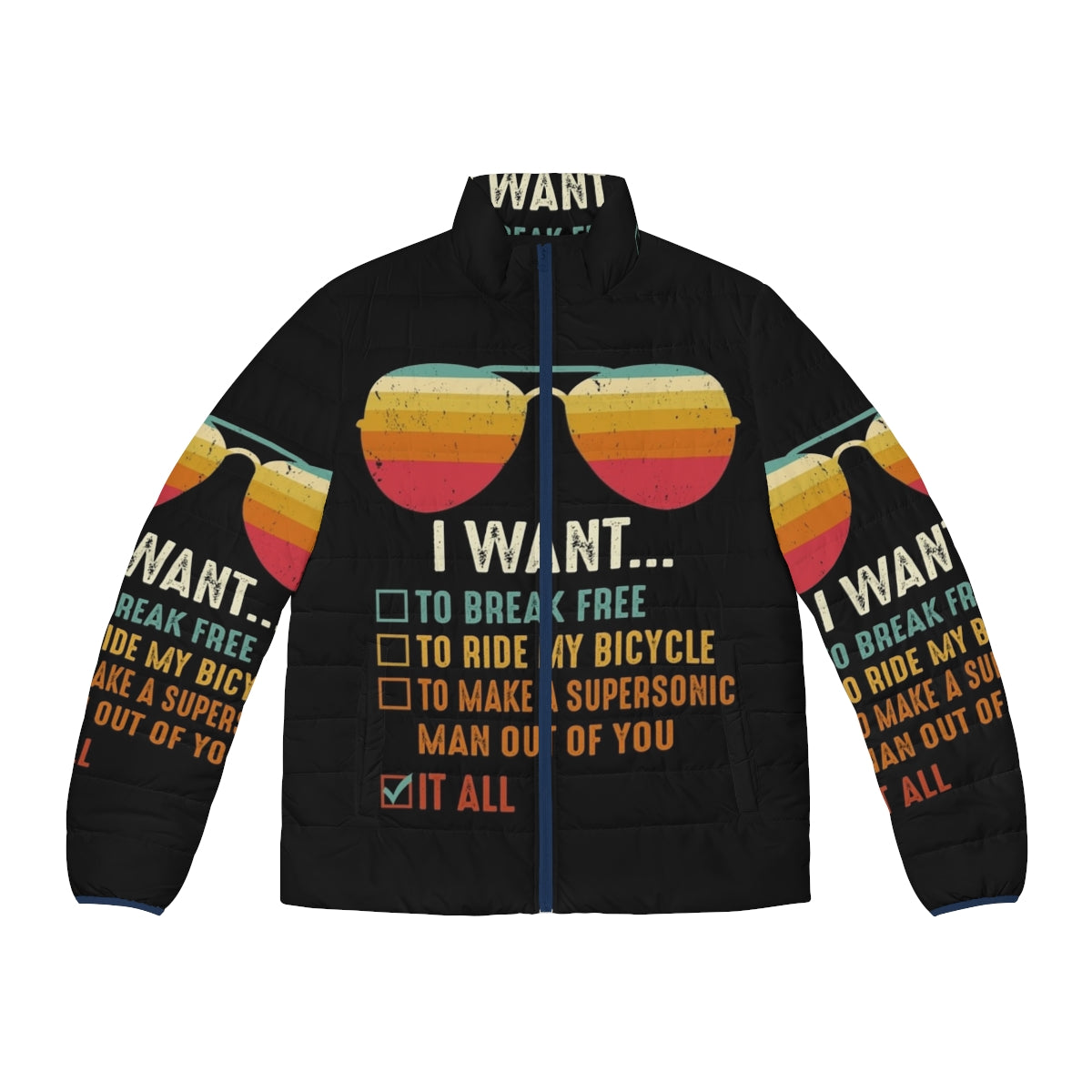 Freddie Mercury puffer jacket with bicycle graphic