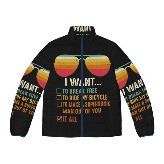 Freddie Mercury puffer jacket with bicycle graphic