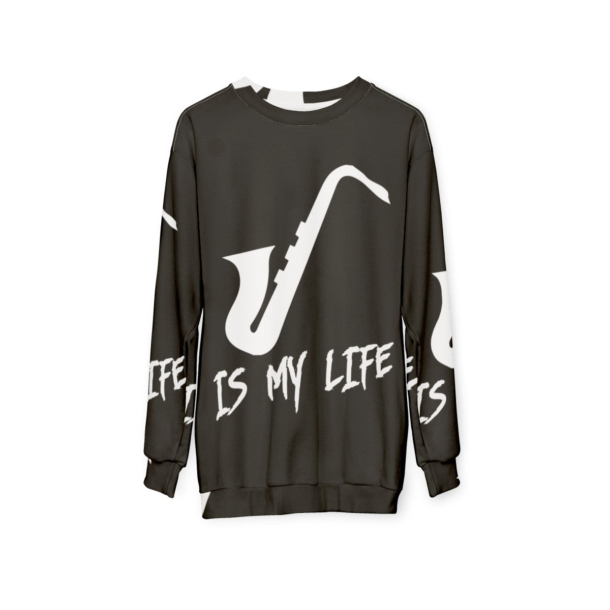 Man wearing saxophone sweatshirt, saxophone-themed apparel - hanging