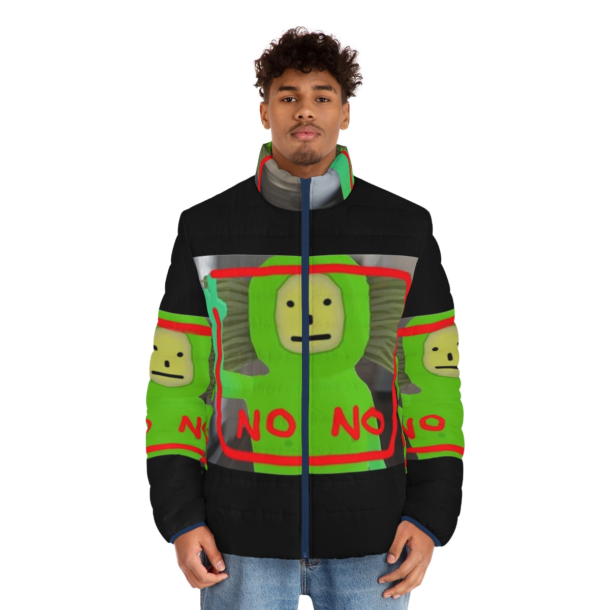 No No Square Puffer Jacket featuring a green and red design inspired by the popular YouTube meme - men front