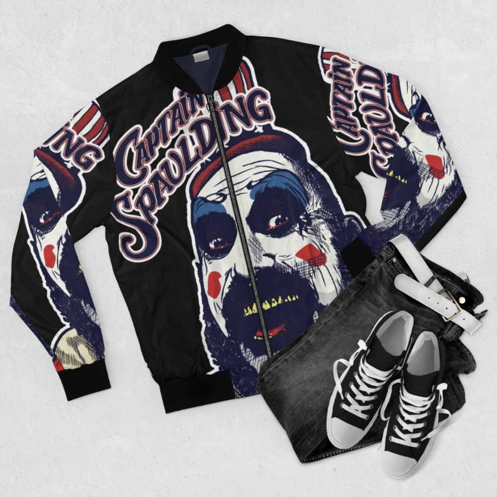 Captain Spaulding's Museum of Monsters and Madmen inspired bomber jacket with horror movie graphics - Flat lay