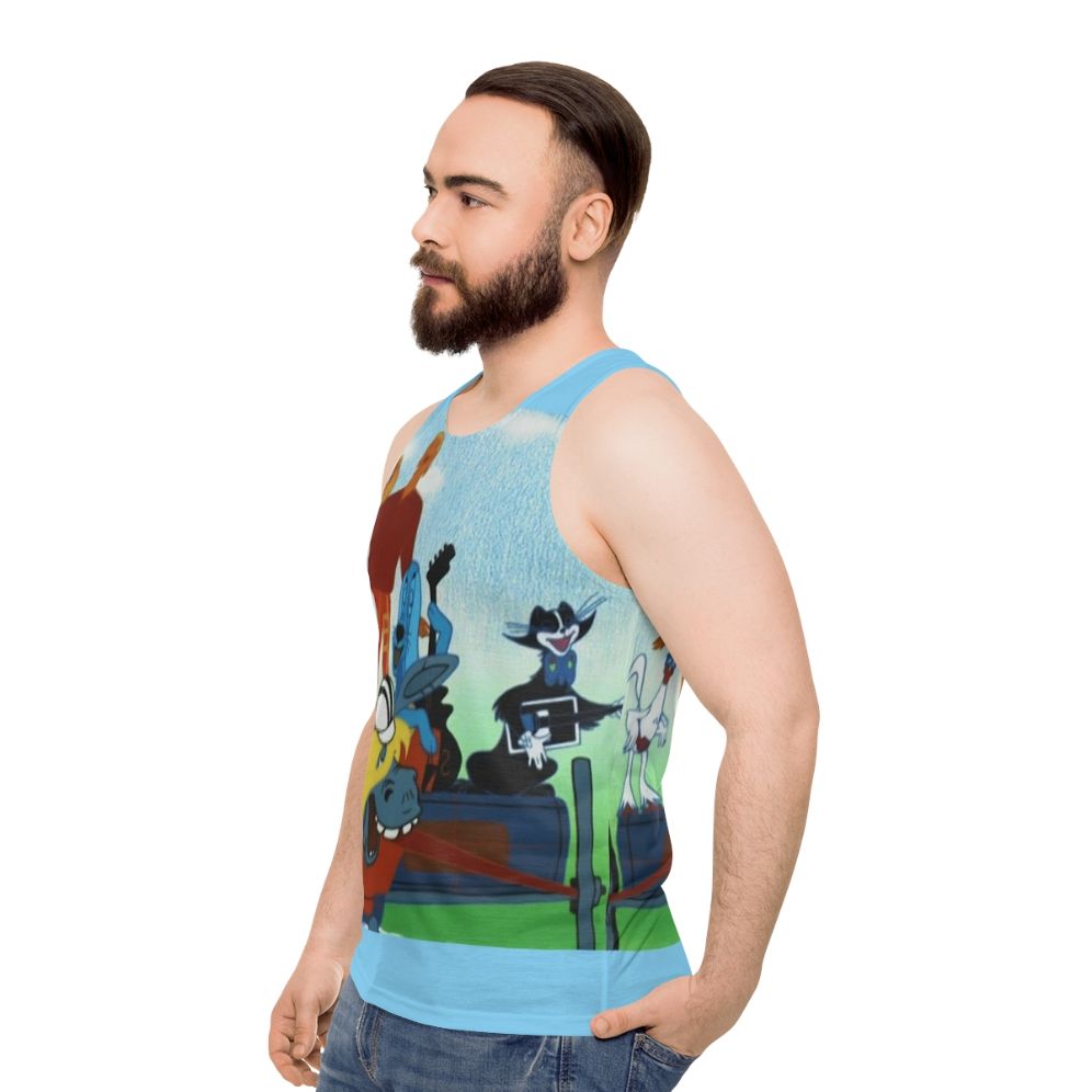 Unisex tank top featuring characters from the Soviet cartoon "The Musicians From Bremen" - men side