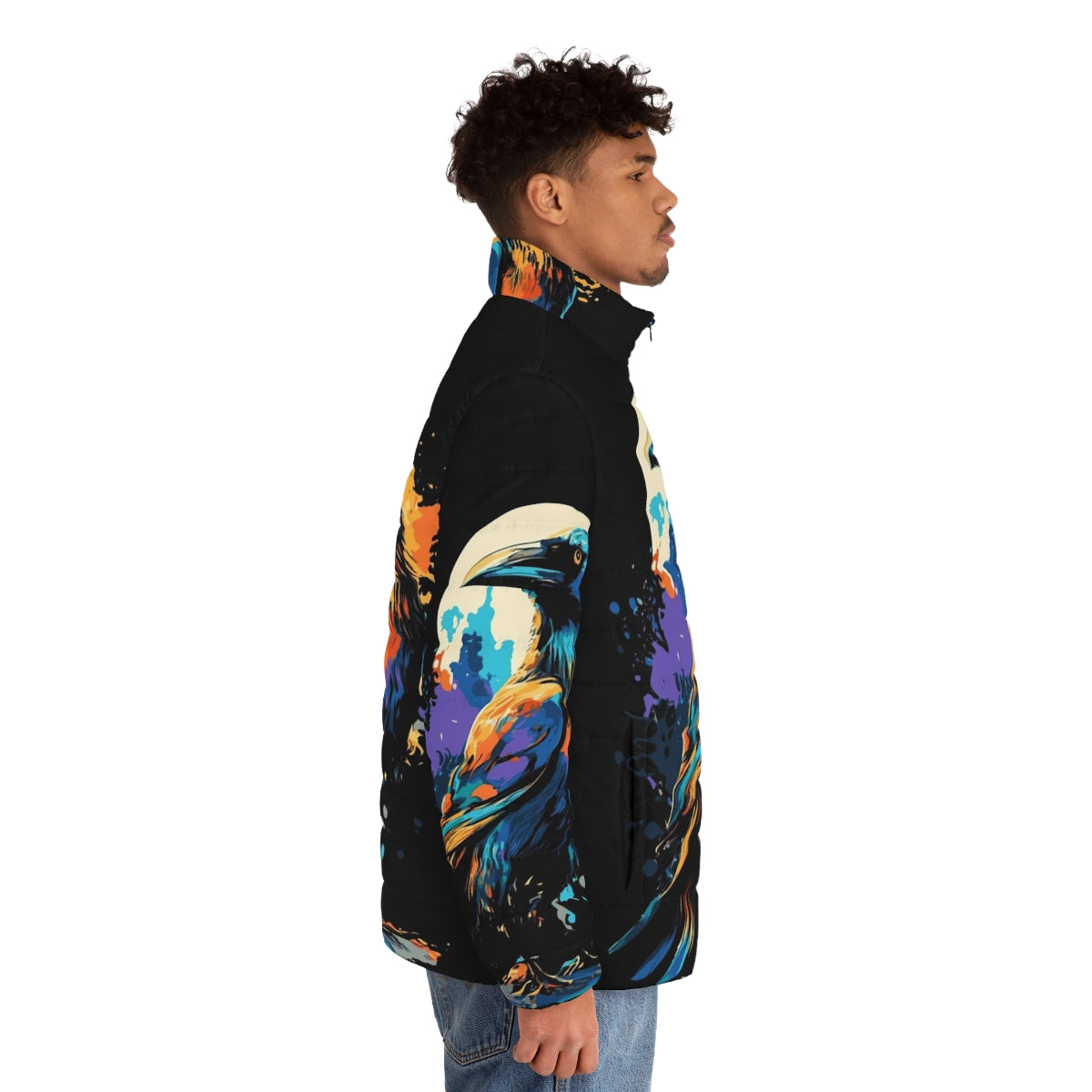 Colorful puffer jacket with a raven design for winter - men side right