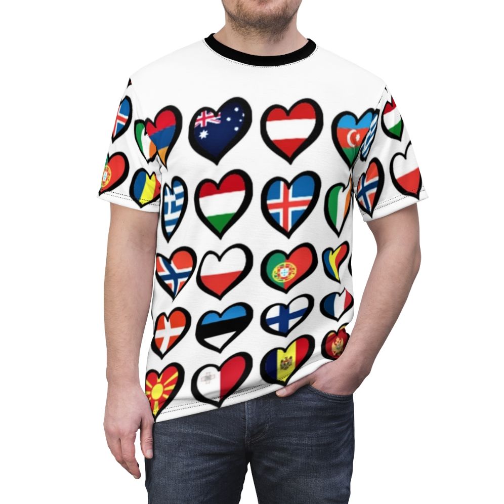 Vibrant AOP T-shirt featuring Eurovision Song Contest-themed graphics, including flags, hearts, and logos. - men front