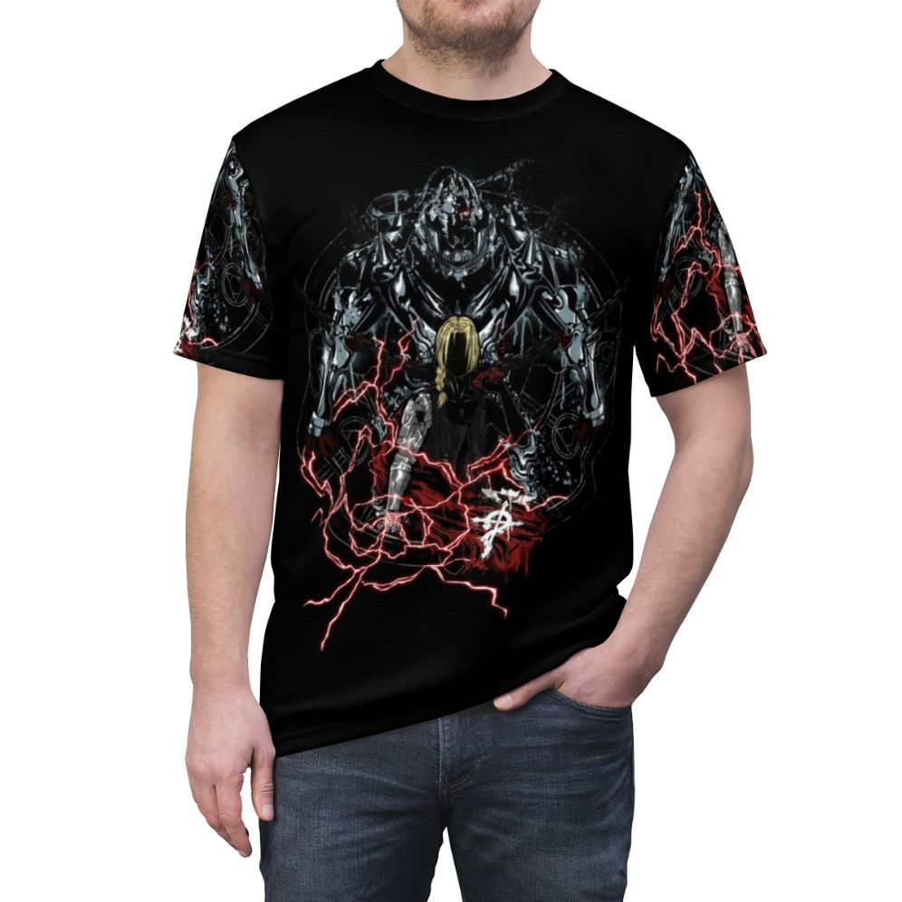 A stylized t-shirt featuring alchemical symbols and characters from the popular anime Fullmetal Alchemist. - men front