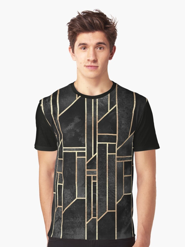 Black graphic t-shirt with abstract geometric pattern in gold and dark colors - Men