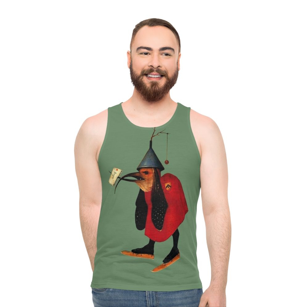 Bosch Bird with Letter Unisex Tank Top featuring a vintage Hieronymus Bosch inspired illustration - men