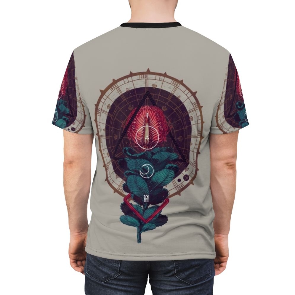 Geometric art design featuring sacred symbols and nature elements on a high-quality t-shirt. - men back