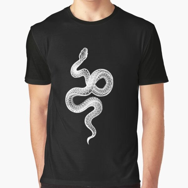 Black and white graphic t-shirt featuring a snake design with the text "Snake Reputation"