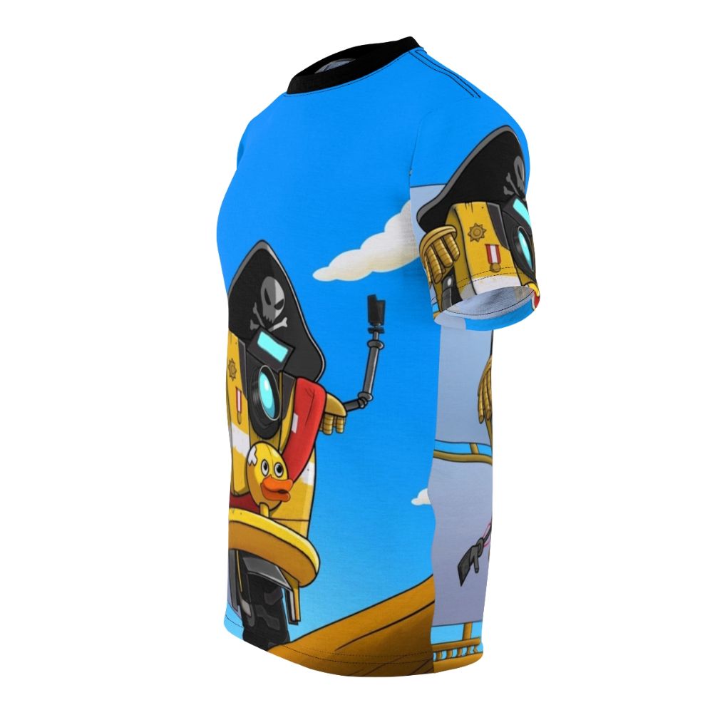 Ahoy Minion! Borderlands inspired graphic t-shirt featuring a claptrap pirate on a ship - men left