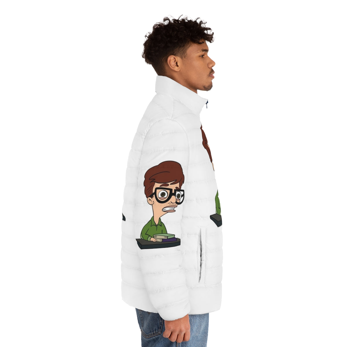 Big Mouth Andrew Glouberman Puffer Jacket, featuring the iconic character from the Netflix animated series - men side right