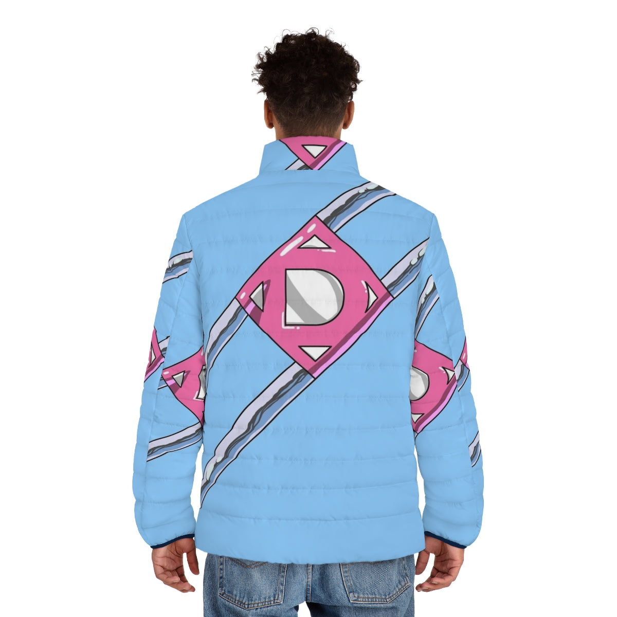 Diaperman logo puffer jacket with comic superhero design - men back