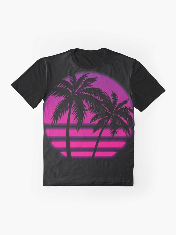 Miami Wave Graphic T-Shirt featuring a retro neon sunset and palm trees design - Flat lay