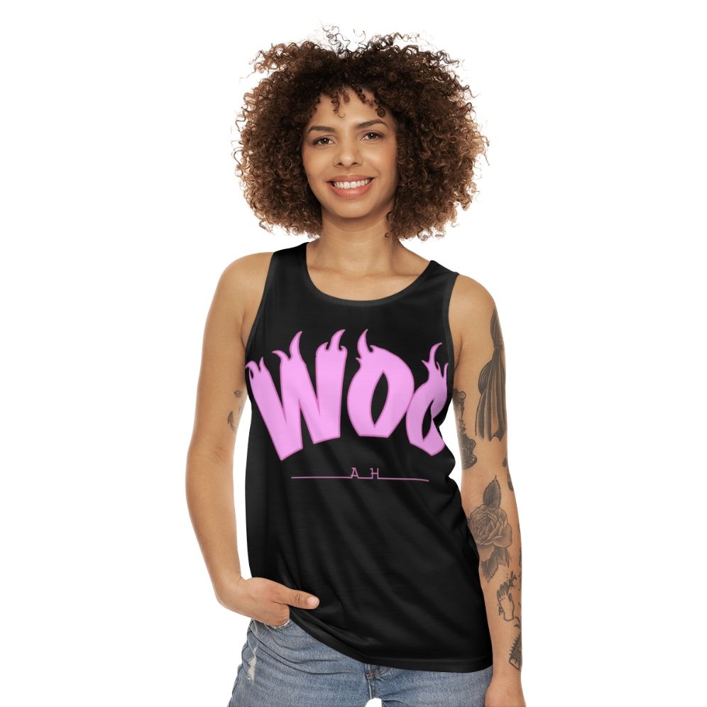 Unisex tank top with music-inspired pop art design - women