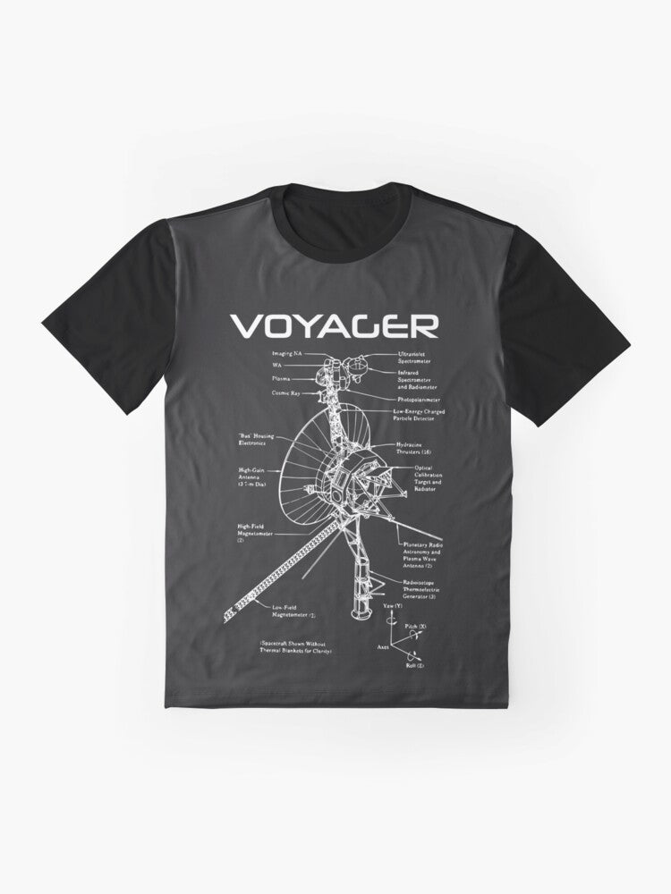 Voyager Program graphic t-shirt featuring spacecraft, planets, and cosmos design - Flat lay