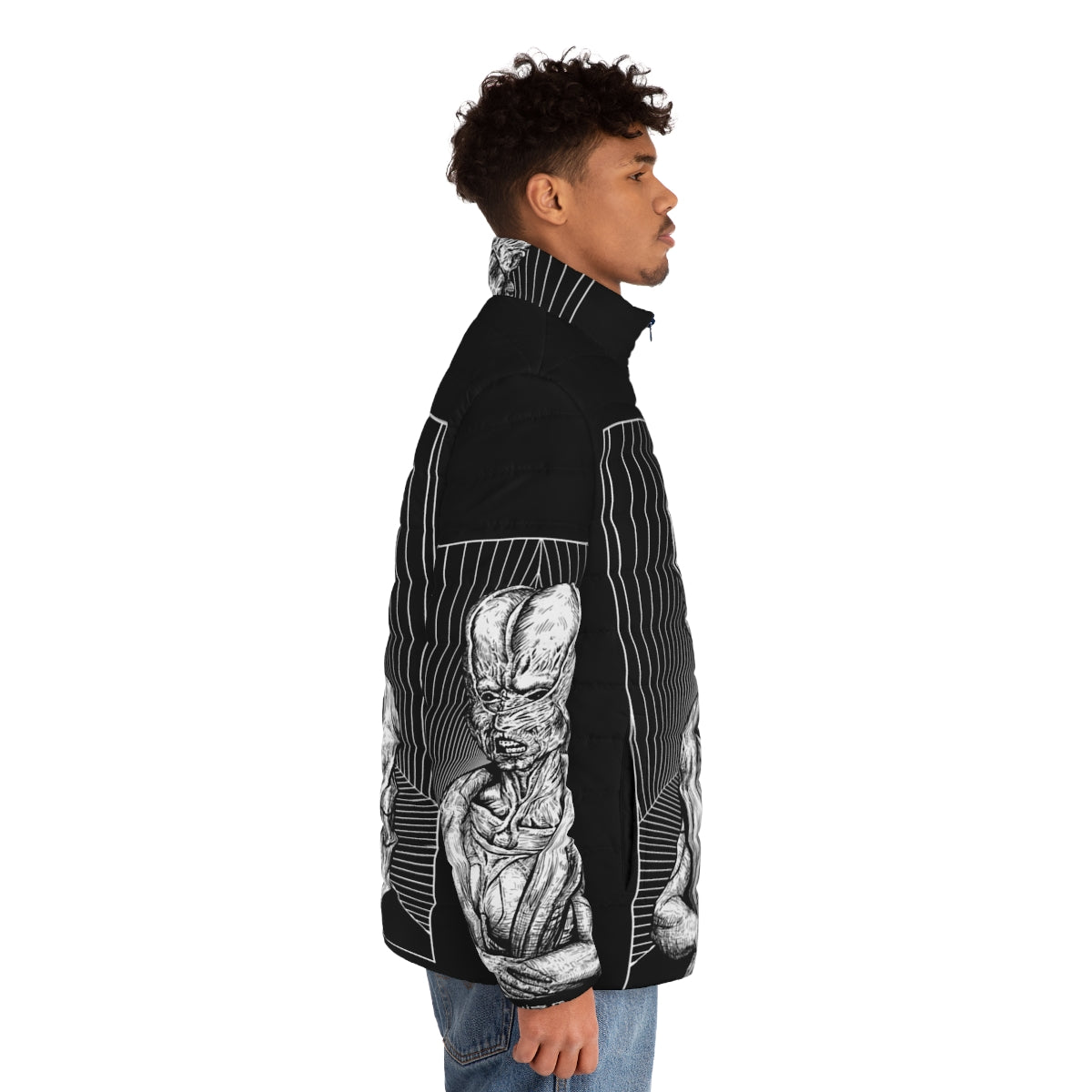 Schism Puffer Jacket featuring dark, gothic, and occult art design - men side right