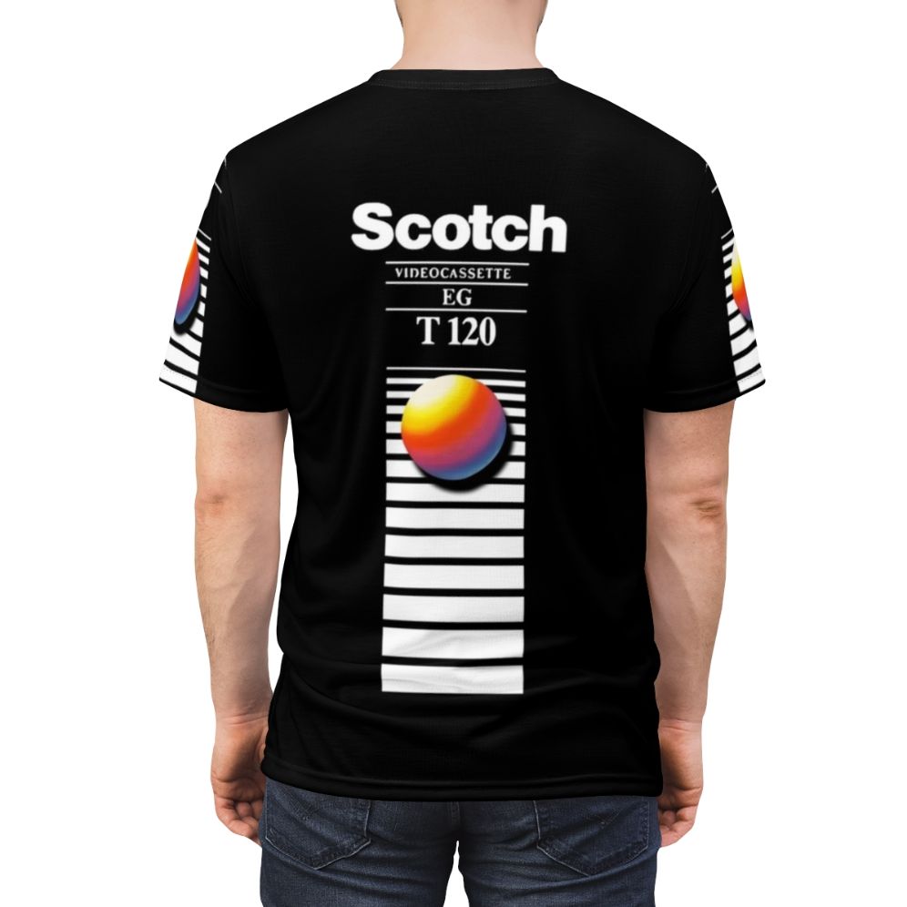 Retro VHS tape inspired vaporwave aesthetic t-shirt with vibrant 80s/90s design - men back