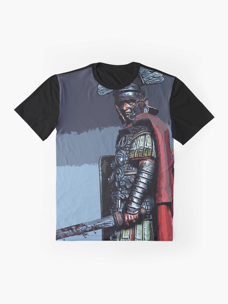 Graphic t-shirt featuring an ancient Roman centurion design - Flat lay