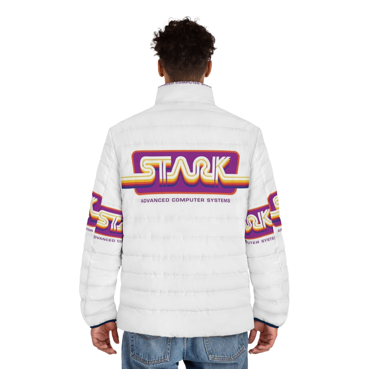 1980s Stark Technologies Computer Graphics Puffer Jacket with retro gaming graphics - men back