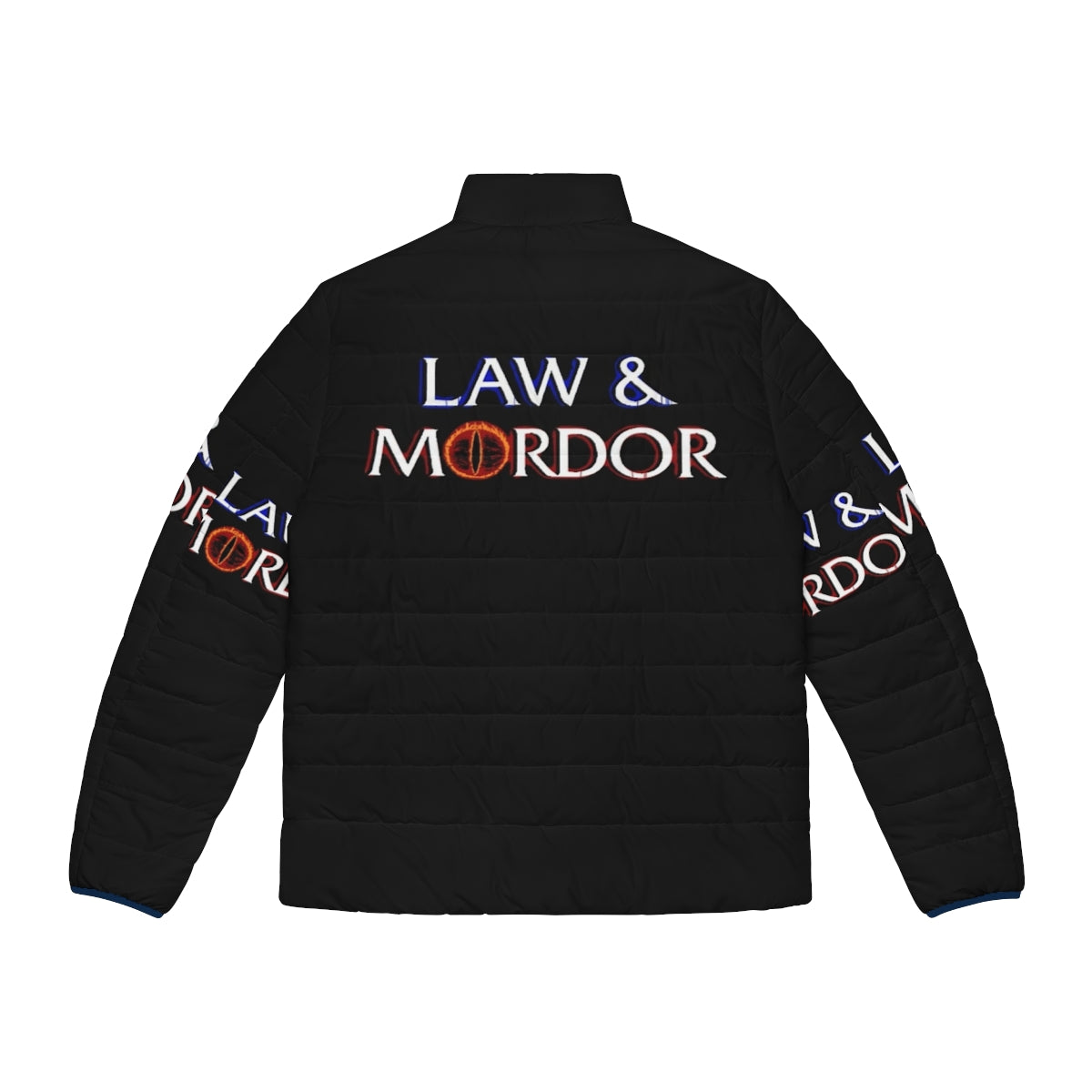 Model wearing a black puffer jacket with "Law and Mordor" design, inspired by the Lord of the Rings fantasy series - Back