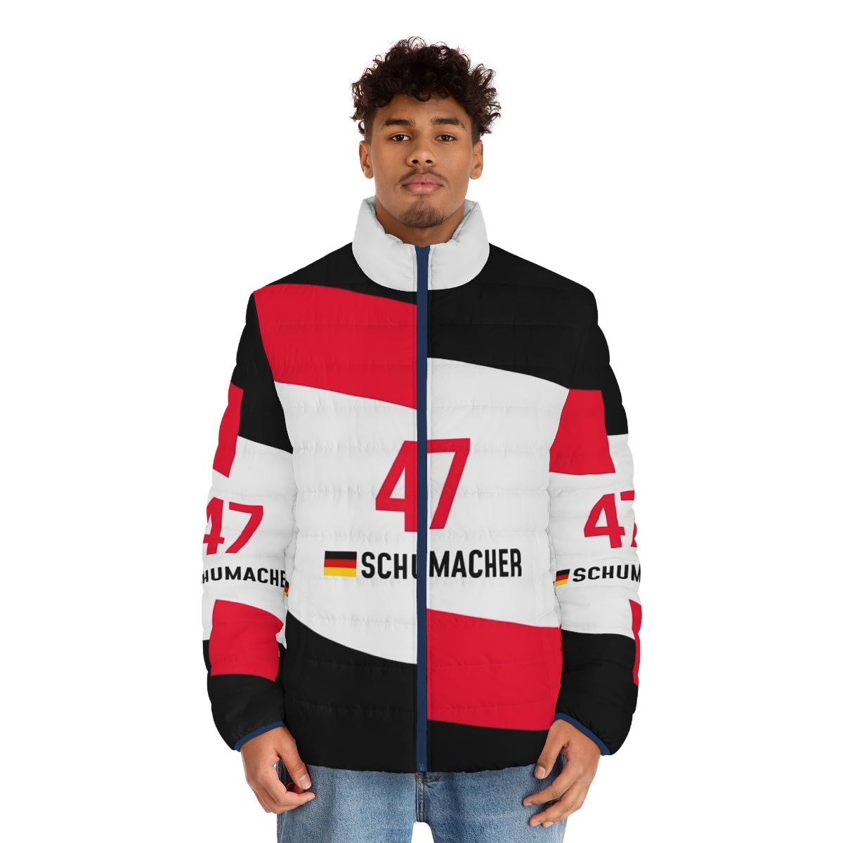 F1 2021 Schumacher Classic Puffer Jacket with racing, motorsport, and car design - men front