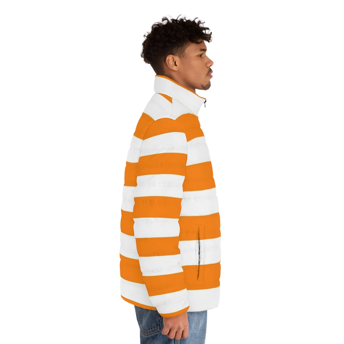 Orange and white striped puffer jacket with a bright, horizontal pattern - men side right