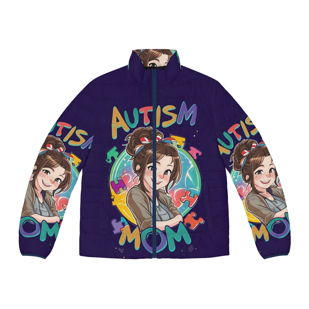 Autism Mom Puffer Jacket with Superhero and Inspiring Design