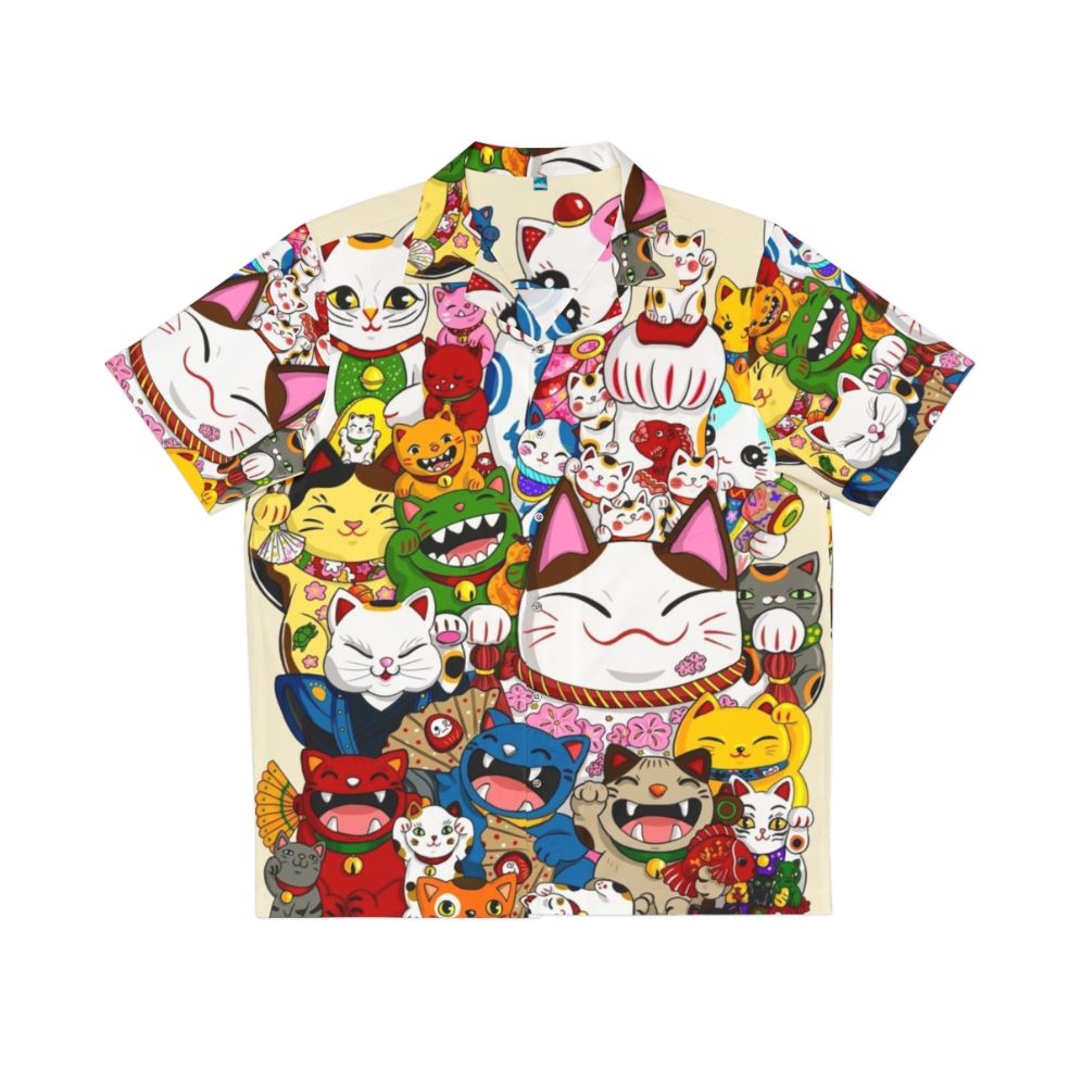 Colorful maneki neko lucky cat Hawaiian-style shirt