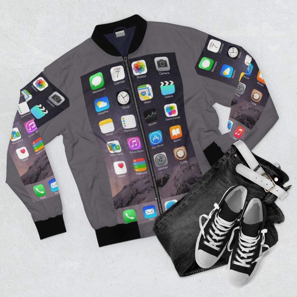 iPhone Homescreen Bomber Jacket - Fashionable and tech-inspired outerwear - Flat lay