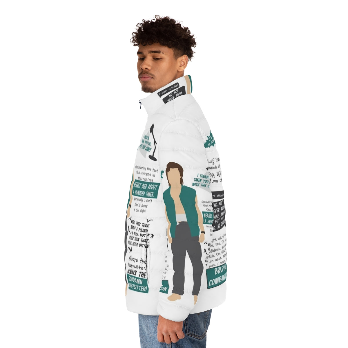 Minimalist puffer jacket featuring quotes from Steve Harrington in Stranger Things Season 4 - men side left