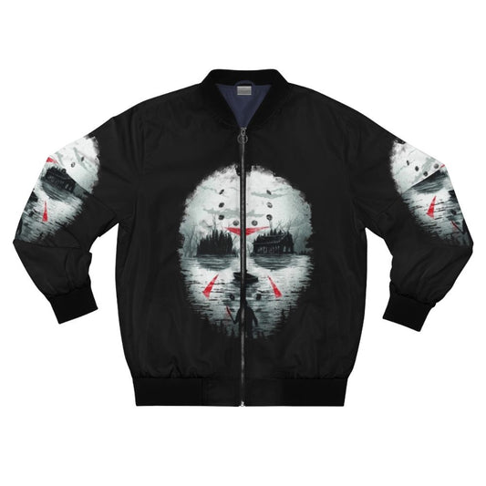 A stylish bomber jacket featuring an illustration of the iconic Friday the 13th horror movie character Jason.