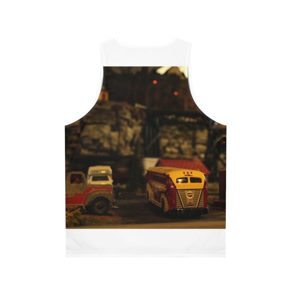 Unisex tank top with parked train design for model train hobbyists - Back