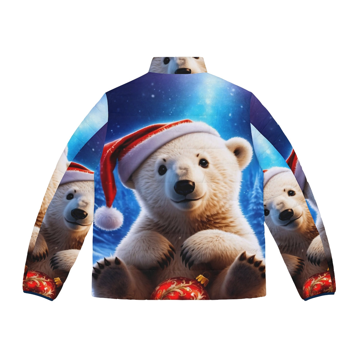 A cozy puffer jacket featuring a adorable polar bear cub in a snowy, enchanted forest scene - Back