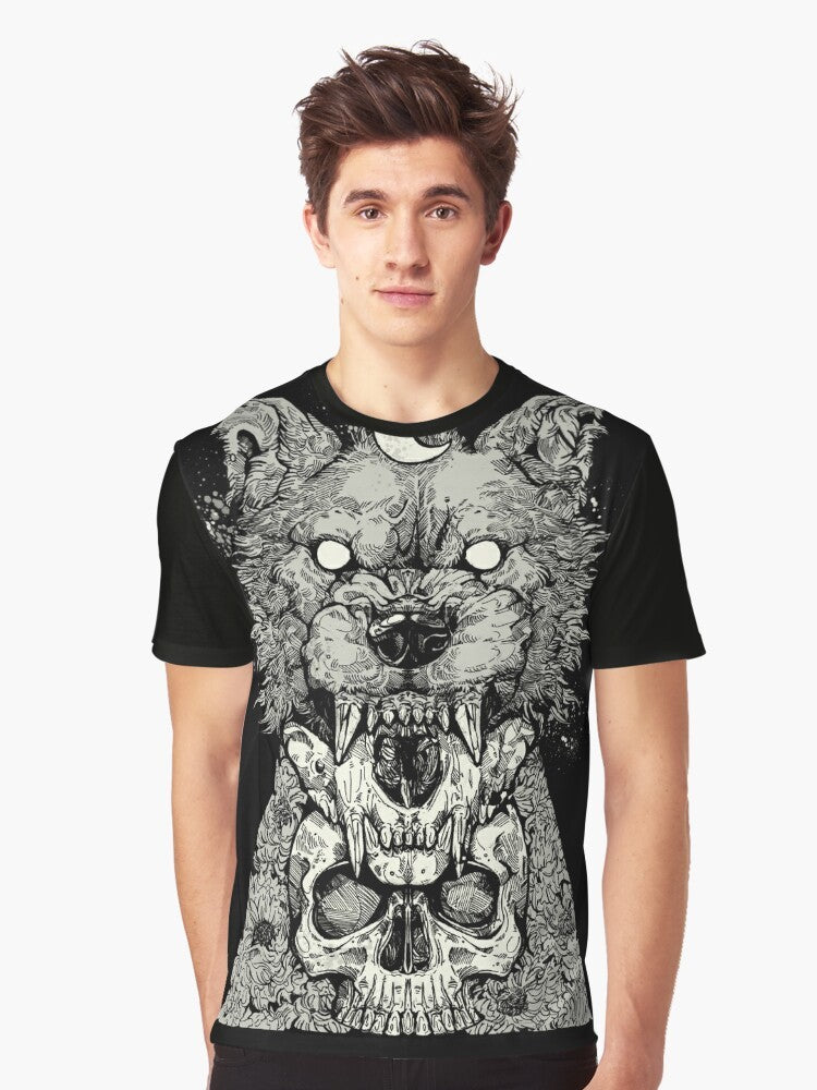 Howling wolf graphic design on a black t-shirt - Men